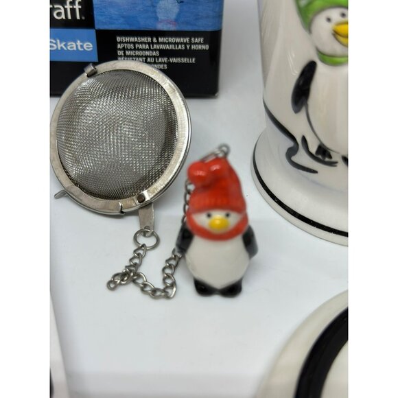 VTG Pfaltzgraff 2007 Penguin Skate Covered Mug 3.25" Infuser Coffee Tea Cup NOS - Picture 7 of 10